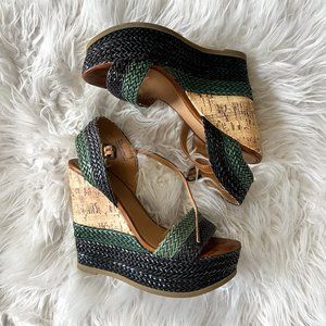 Mossimo Cork, Navy Blue + Forest Green 5" Platform Wedge Open-Toe Sandals
